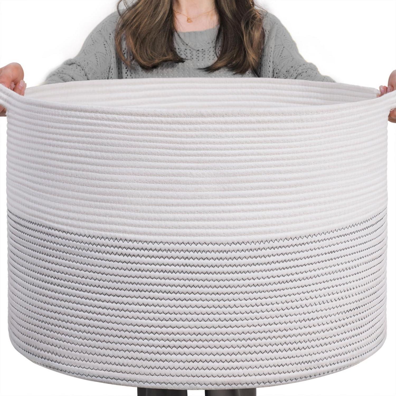 Xxl Wäschekorb Aus Baumwollseil, 55x35cm, Weiß, Mit Henkel