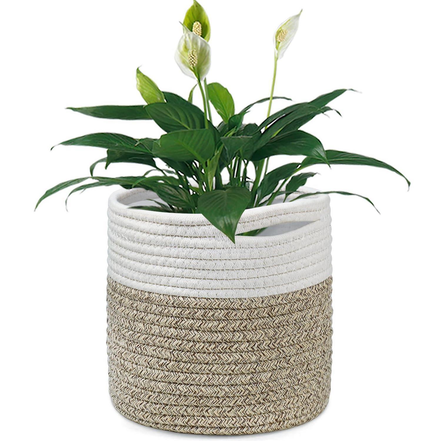 Pflanzkorb 20cm Aus Baumwolle Mit Einsatz, Aufbewahrungskorb Für Zimmerpflanzen, Weiß/khaki