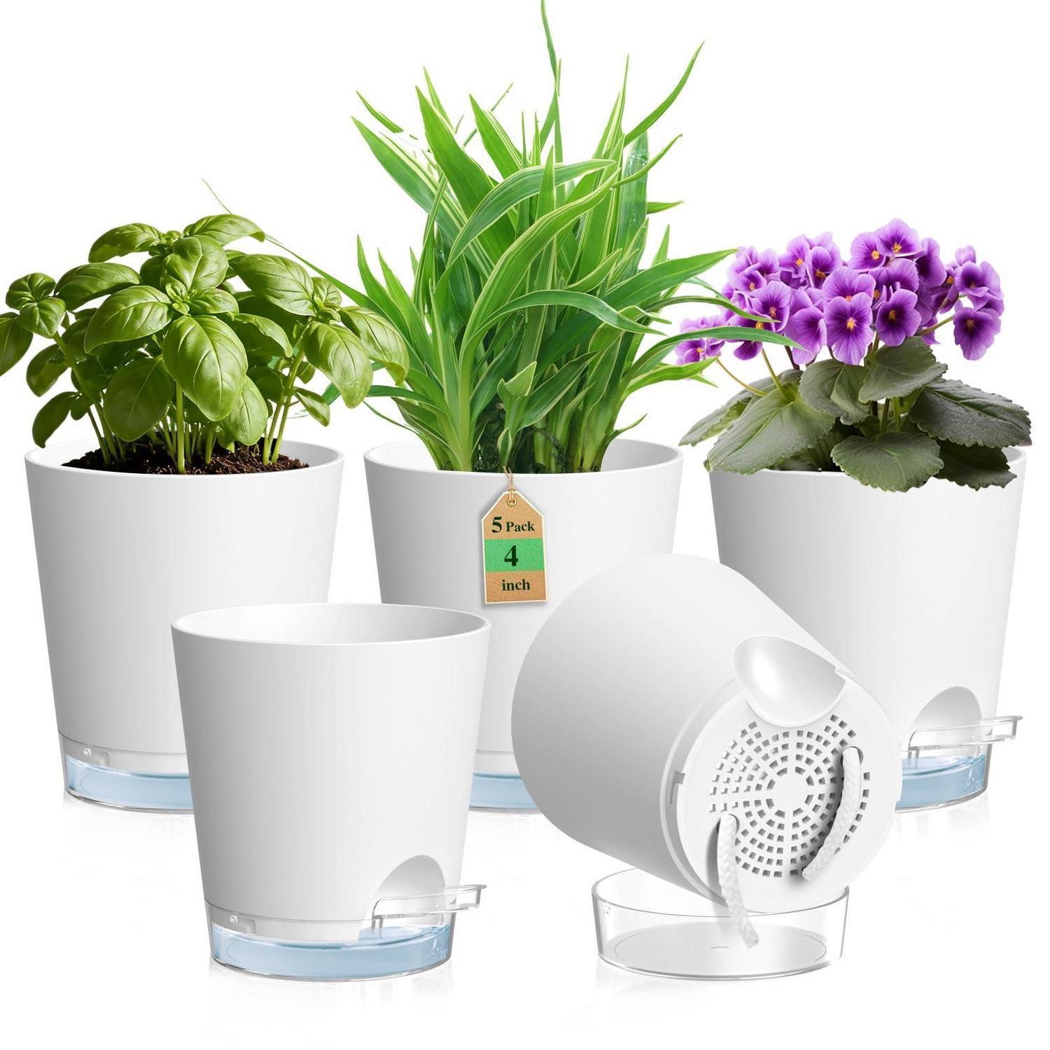 Selbstbewässernde Blumentöpfe 5er Set Ø 10 Cm Weiß Mit Wasserstandsanzeige