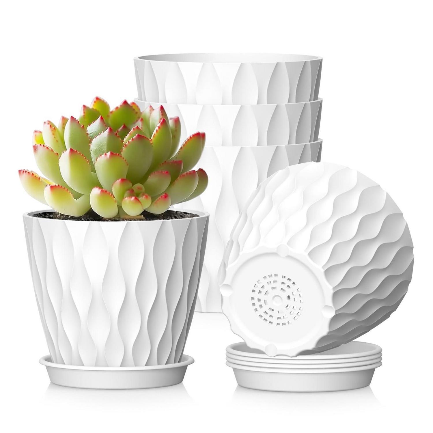 5er Set Blumentöpfe Ø 10,2 Cm Mit Untersetzer, Kunststoff Pflanztöpfe Mit Abflusslöchern, Weiß