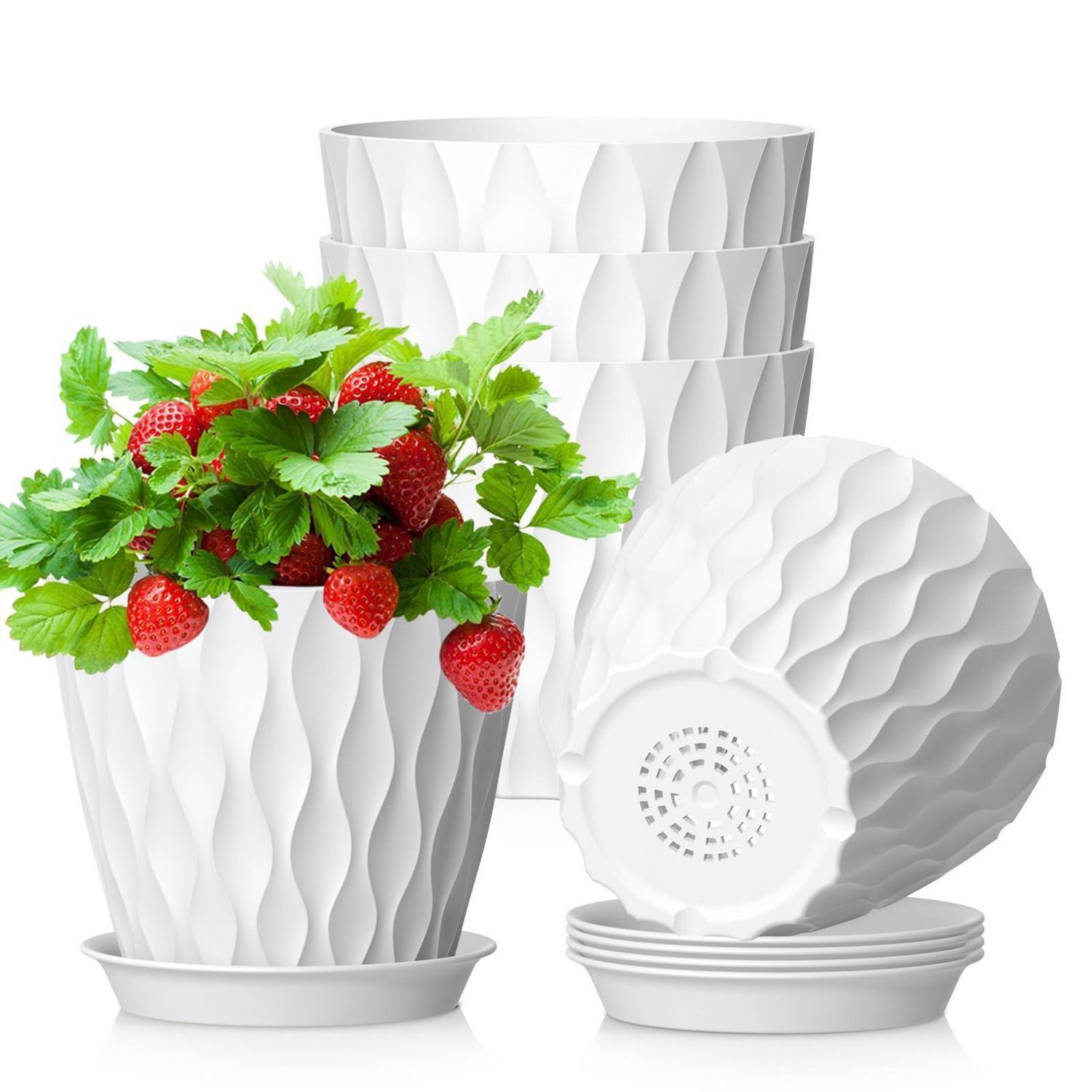 Blumentöpfe 5er Set Ø 12,7 Cm Mit Untersetzer, Kunststoff Pflanztöpfe Mit Abflusslöchern, Weiß