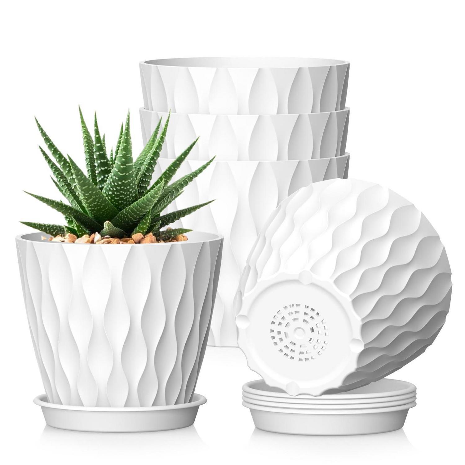Blumentopf 5er Set Ø 15 Cm Mit Untersetzer, Kunststoff, Weiß, 3d-wellenstruktur