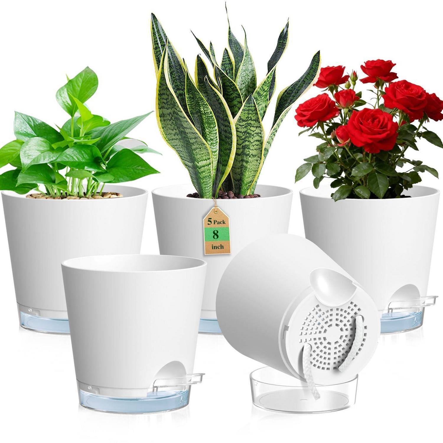 5er Set Selbstbewässerungstöpfe Ø 20 Cm Weiß Mit Wasserstandsanzeige