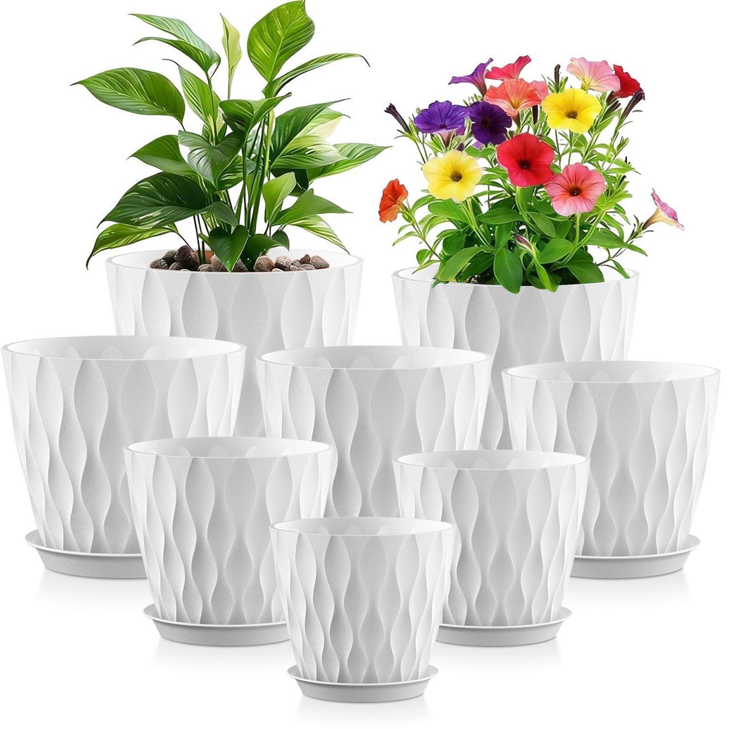 8er Set Blumentöpfe Mit Untersetzern, Kunststoff, 3d-wellenstruktur, Weiß