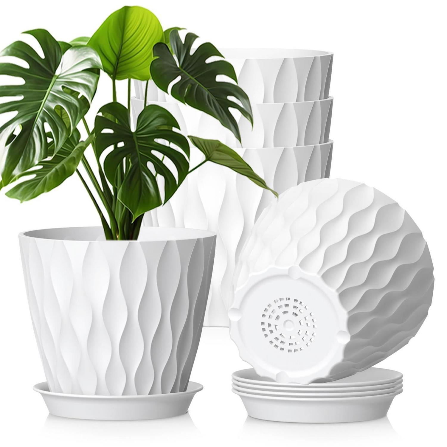 Blumentöpfe 5er Set Ø 20 Cm Mit Untersetzer, Kunststoff, Weiß, 3d-wellenstruktur