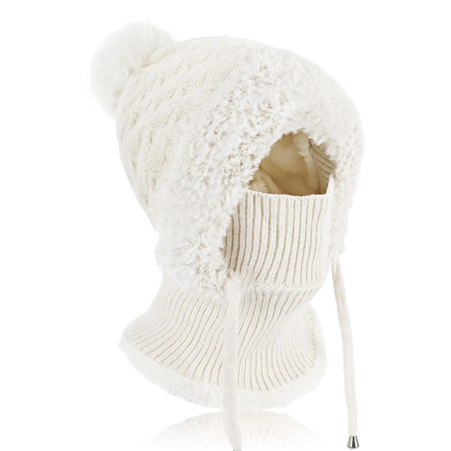 Wintermütze Damen Mit Schal & Gesichtsmaske, Thermo Strickmütze Mit Fleece, Weiß