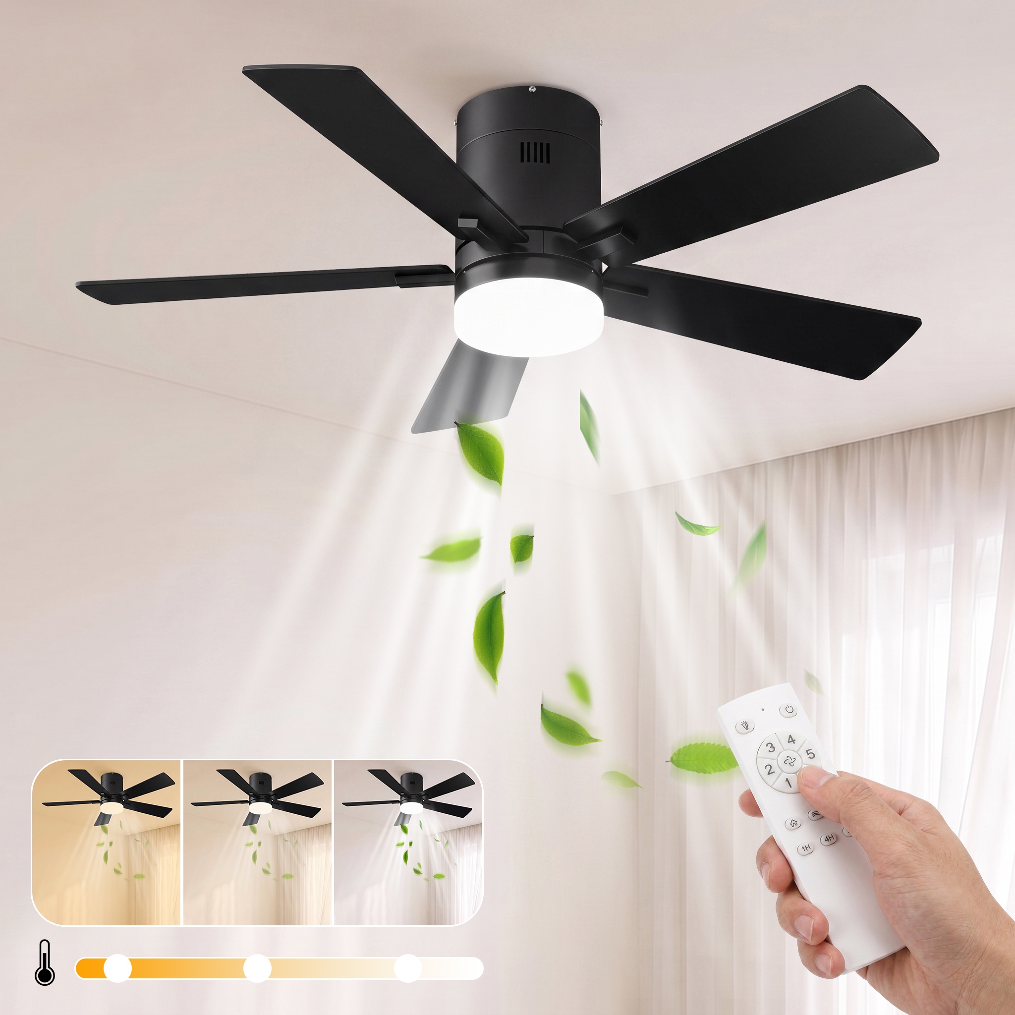 Deckenventilator Mit Leuchte Und Steuerung, 5 Flügel, Ø106,6 Cm, 6 Geschwindigkeitsstufen, Flaches Minimalistisches Design, Schwarz