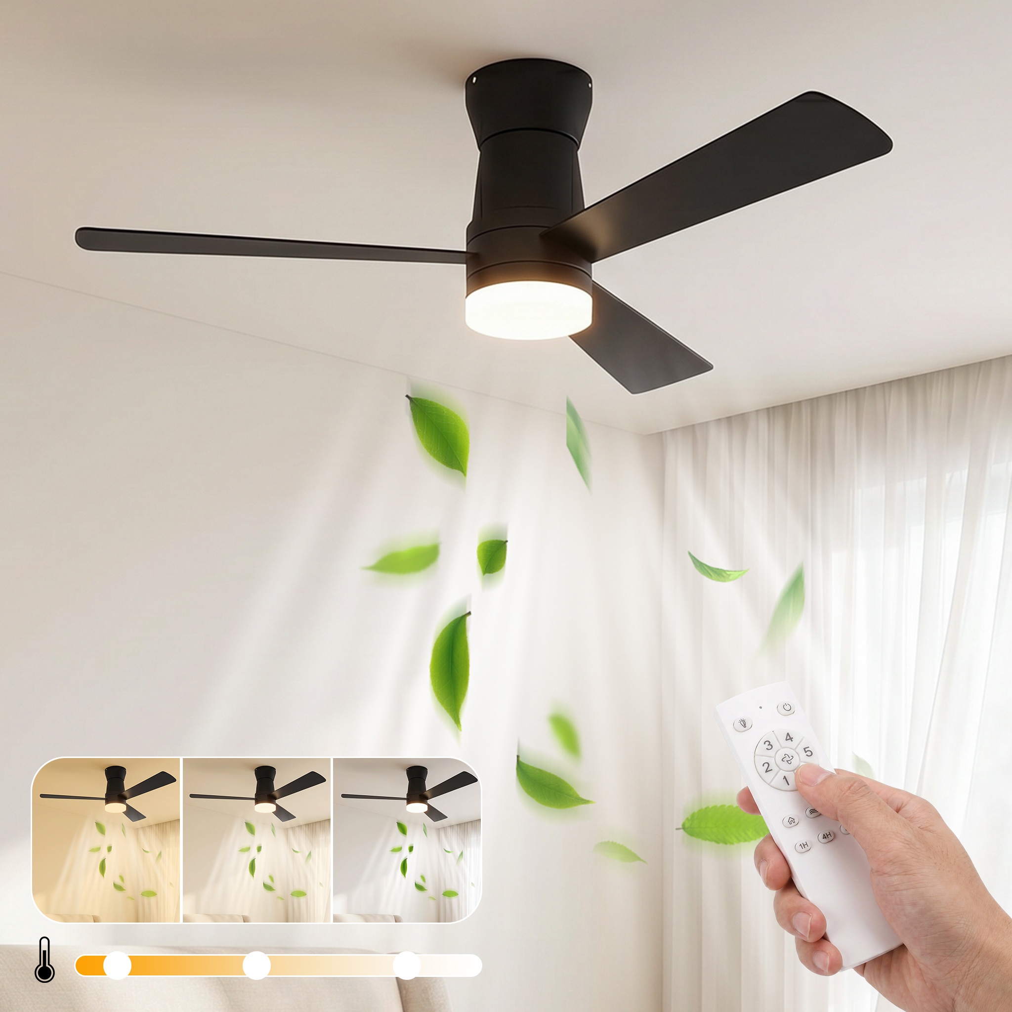 Deckenventilator Mit Leuchte Und Steuerung, Ø106,6 Cm, 6 Geschwindigkeitsstufen, Leiser Betrieb, Flaches Minimalistisches Design Fürs Schlafzimmer, Schwarz