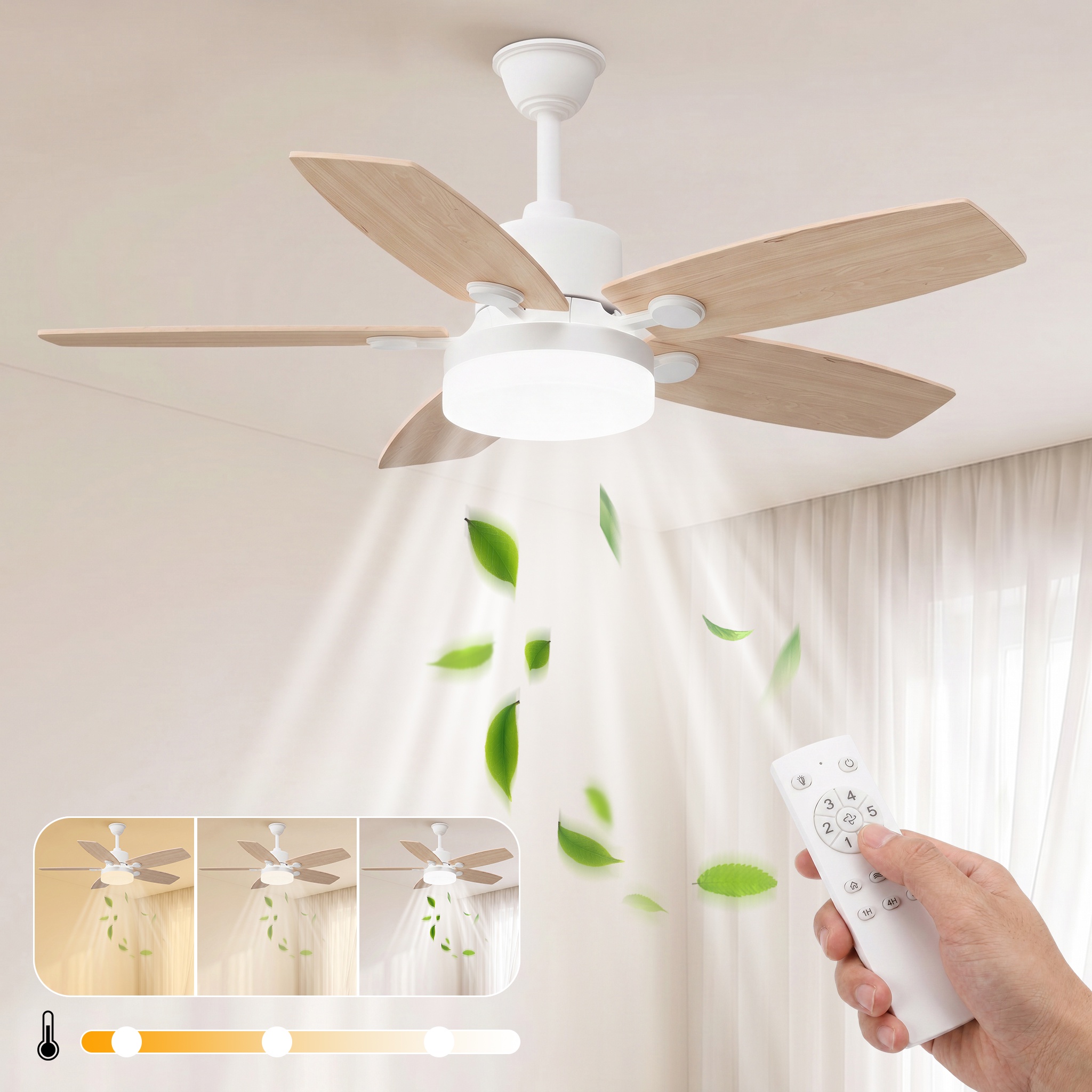 Deckenventilator Mit Led-system Und Steuerung, 5 Flügel, Ø106,6 Cm, 6 Geschwindigkeitsstufen, Flaches Minimalistisches Design, Weiß/hell-eiche