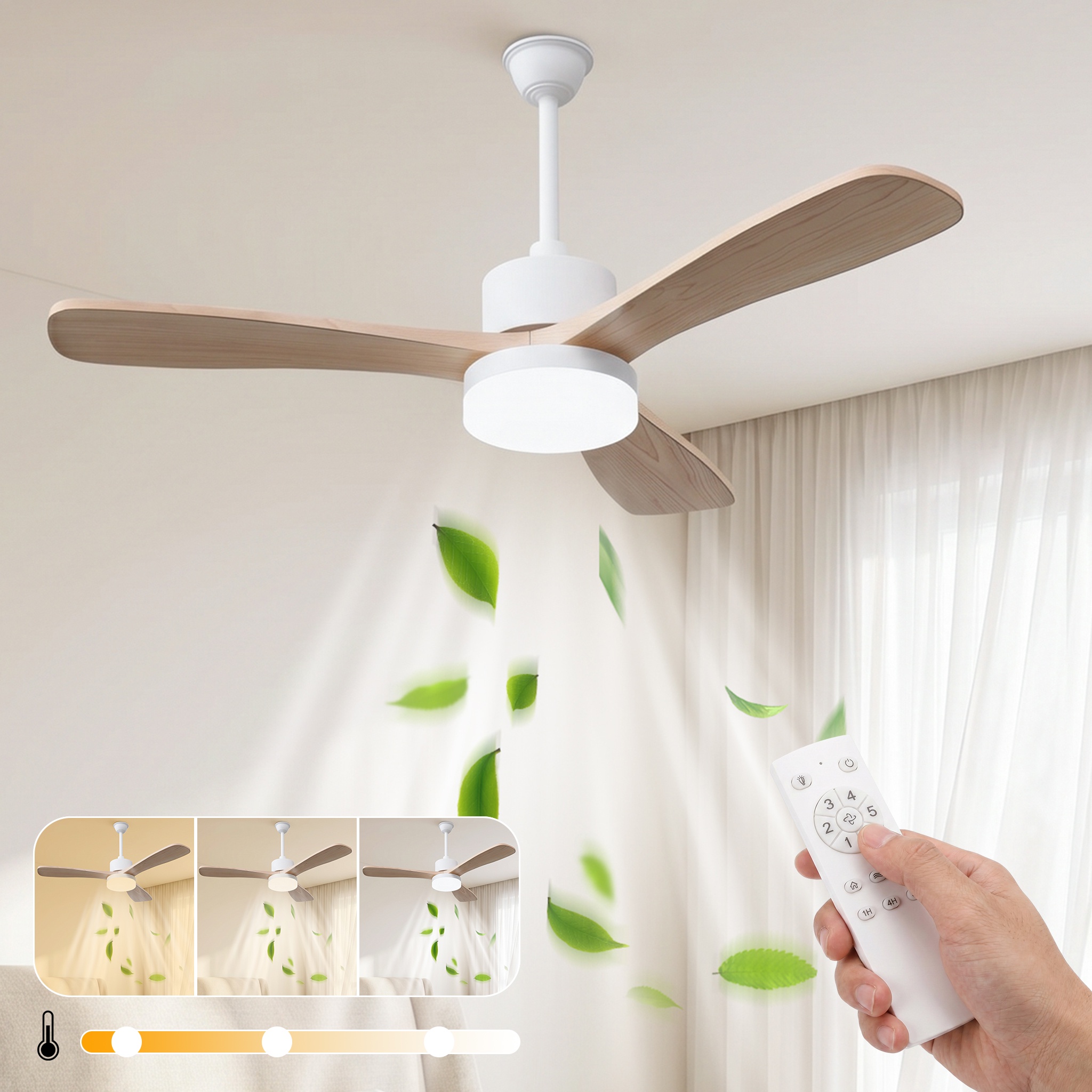 Deckenventilator Mit Leuchte Und Steuerung, Ø106,6 Cm, 6 Geschwindigkeitsstufen, Leiser Betrieb, 3 Flügel In Hell-eiche