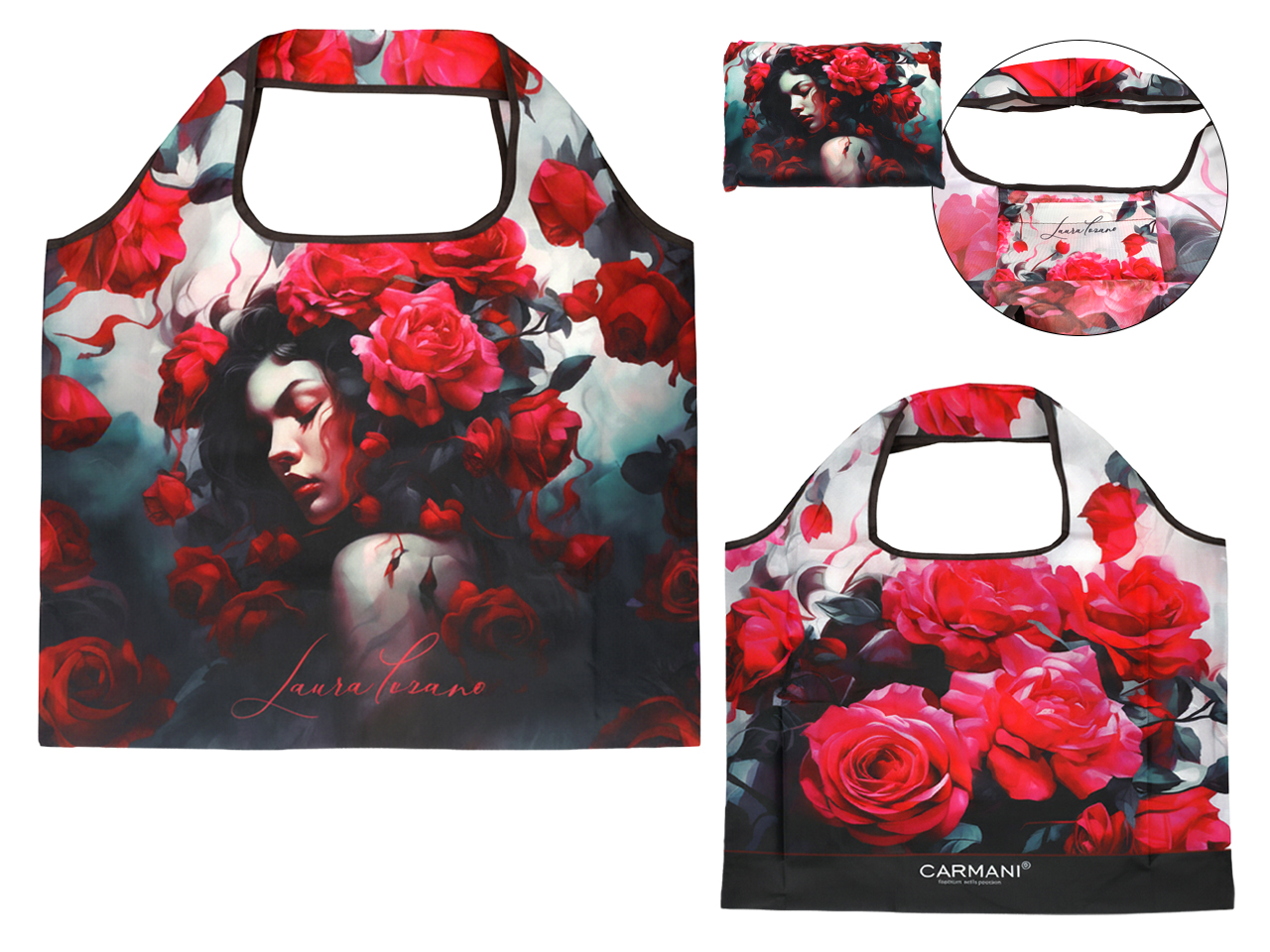 Carmani, Polyester, Faltbare Einkaufstasche 40x70cm - Laura Lozano/lady's Floral Symphony