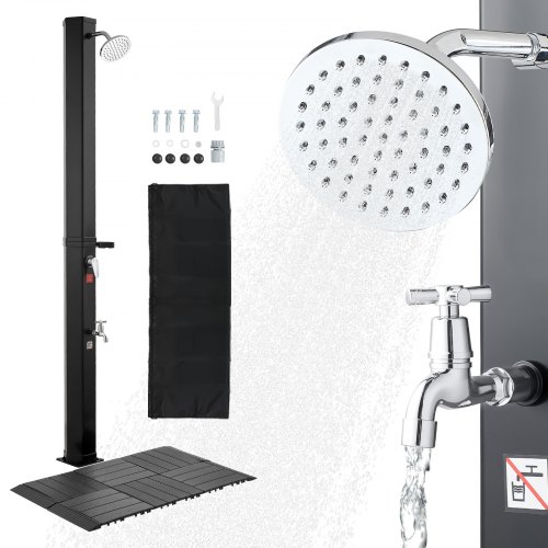 Solardusche 35l, Gartendusche 2160 Mm Außendusche Mit Bodenplatte & Fußarmatur, Pooldusche Warm- & Kaltwasserregulierung, Campingdusche Für Garten, Poolbereich, Strandpool, Schwarz
