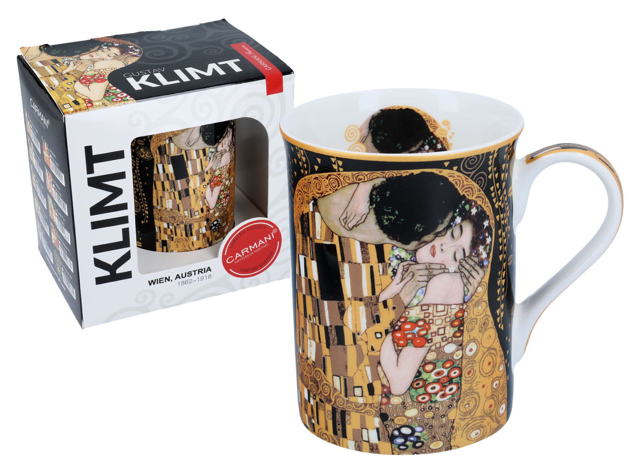 Carmani, Klassische Neue Tasse – G. Klimt – Der Kuss, Schwarzer Hintergrund