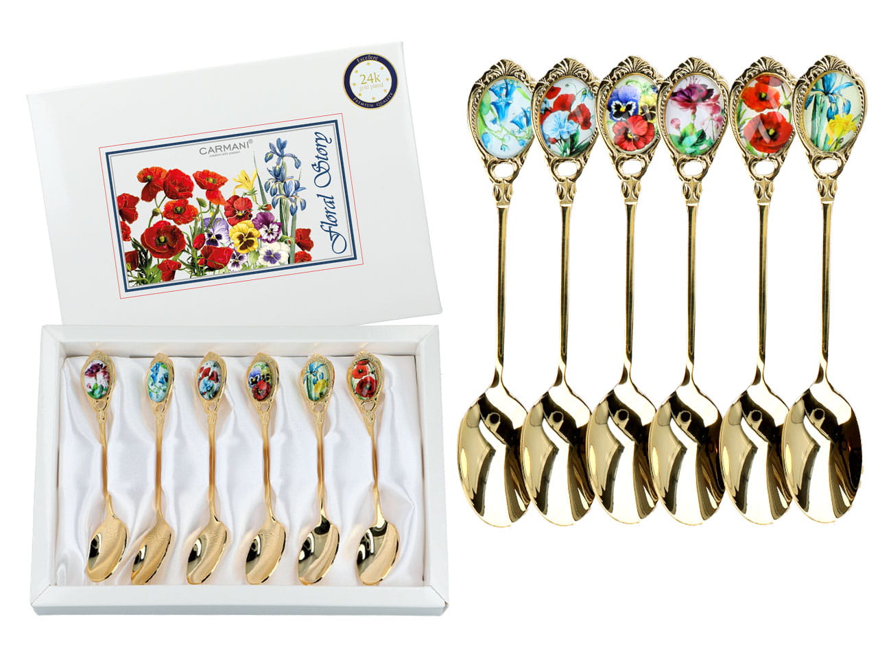 Carmani, Vergoldete Teelöffel - Blumen - Florale Geschichte (6-teiliges Set)