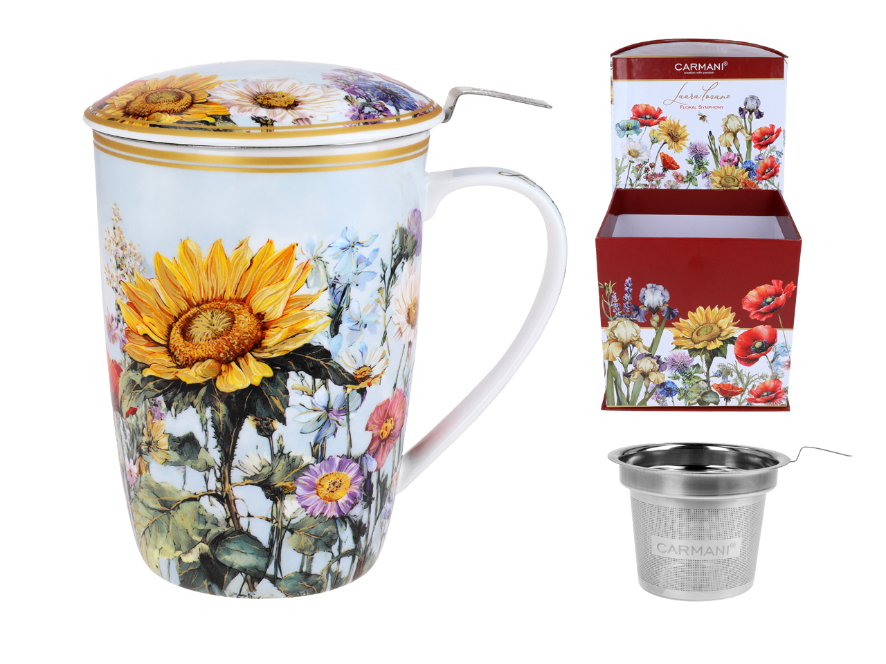 Carmani, Becher Mit Siebeinsatz Und Deckel 600 Ml - Laura Lozano/blumenwiese Mit Sonnenblumen