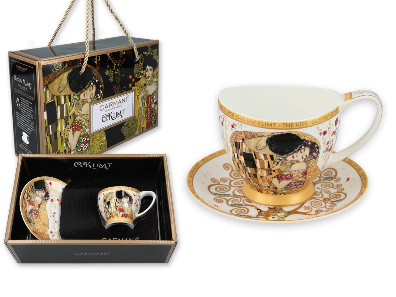 Carmani, Espressotasse Mini Vanessa 90ml - Klimt/kiss, Weißer Hintergrund