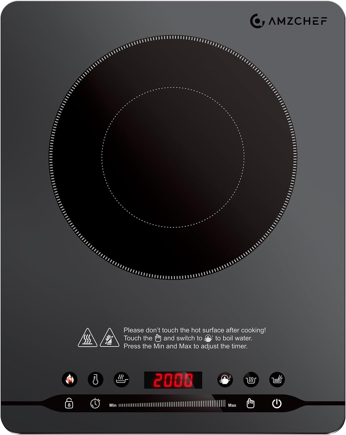 2000w Induktionskochfeld 1 Platte, Induktionskochplatte Einzel, Extra Leise (≤42db), Nur 4cm Schlankes Design, 9 Stufen & 4 Menüs, Timer, Grau