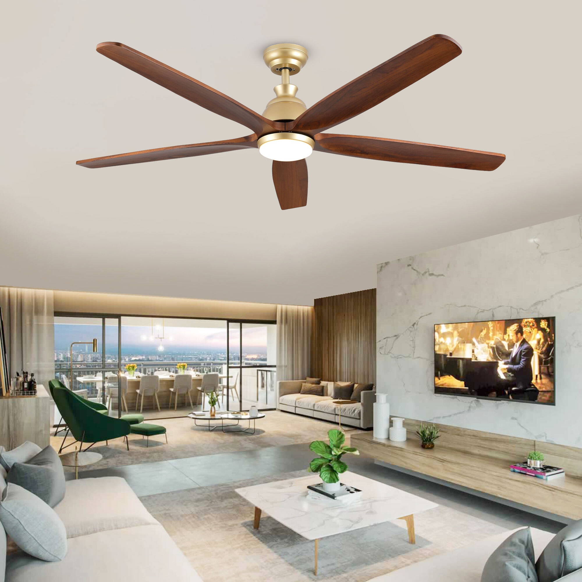 Goldener Deckenventilator Mit Licht Und Fernbedienung, 5 Holzflügel Im Modernen Landhausstil, Dimmbar, Leiser Gleichstrommotor Dc Für Schlaf Wohnzimmer - 152 Cm