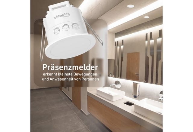 Oktaplex Noa HF Präsenzmelder 360 Grad IP65 Unterputz Deckenbewegungsmelder 6m 230V Weiß