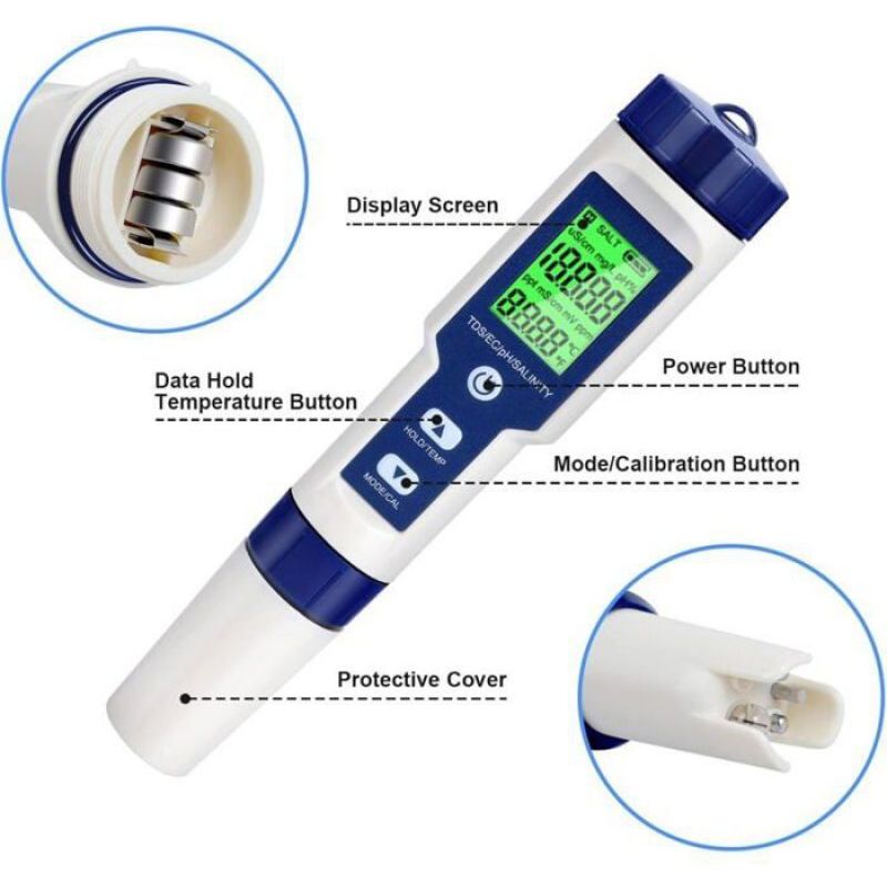 1 5-in-1 Wassertester, Hintergrundbeleuchtetes Lcd-display, Misst Ph-wert, Tds, Ec, Salzgehalt, Temperatur, Aquarium, Schwimmbad, Trinkwasser