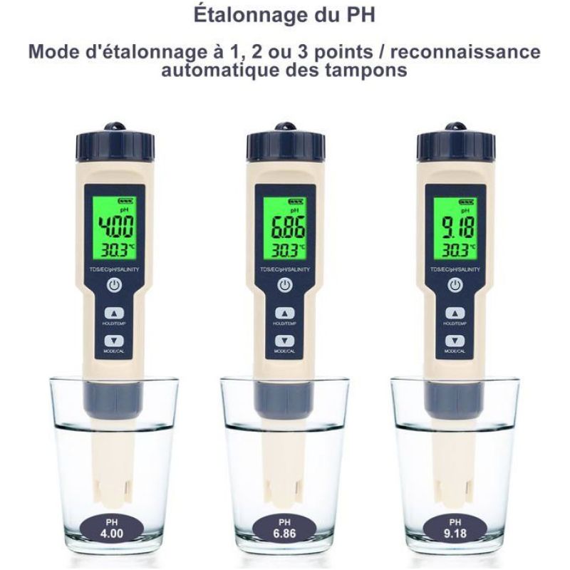 1 5-in-1 Pool-tester: Ph-wert, Tds, Ec, Salzgehalt, Temperatur, Ip67, Trinkwasser, Hydrokultur, Aquarium