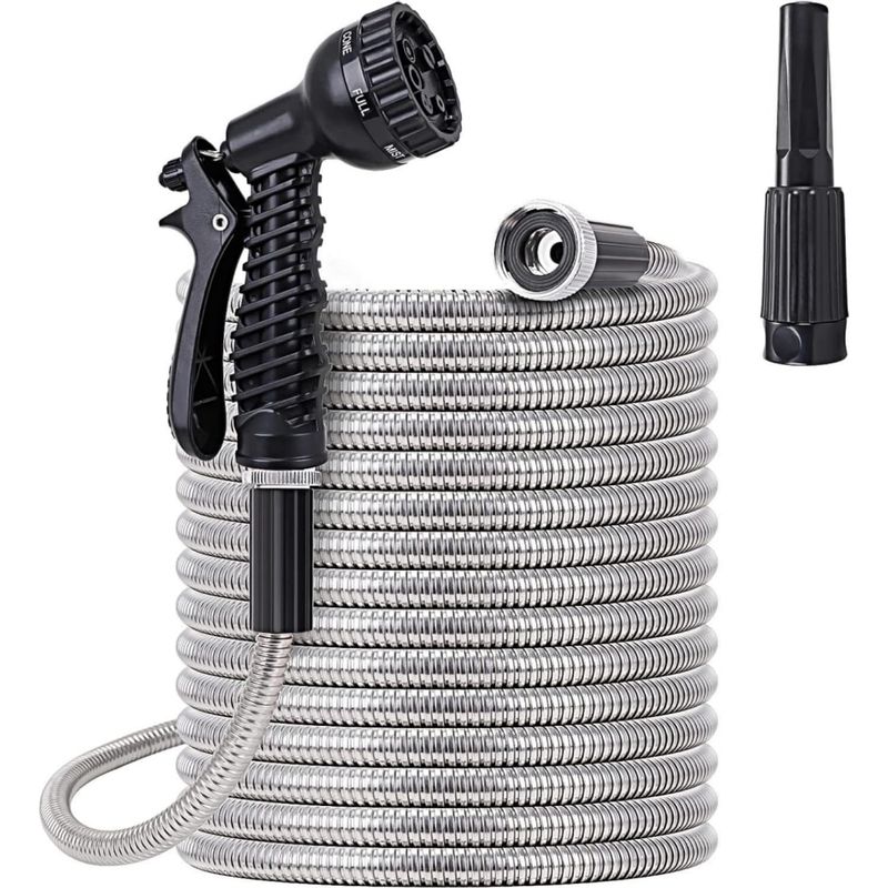 7-fach Dehnbarer Gartenschlauch, 14 Mm, Flexibel Und Leicht, Aus Edelstahl, Für Gartenarbeit, Bewässerung, Reinigung, Autowäsche, Tränken Und Baden Von Haustieren. (7,6 M)
