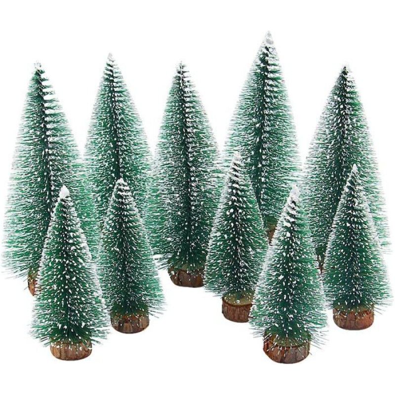 Mini-weihnachtsbäume (künstlich) – 10 Stück – Holzsockel – 10 Cm Und 15 Cm – Schneeeffekt – Strapazierfähiges Pvc