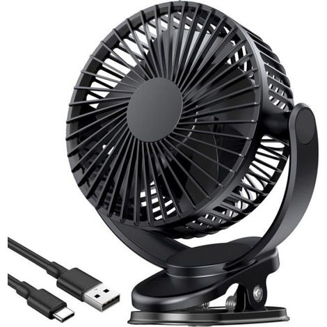 5-zoll-usb-ventilator (5000 Mah), Tragbar, Mit Clip, 360° Drehbarem Kopf, 3 Geschwindigkeitsstufen, Schwarz