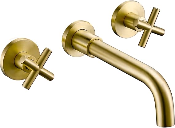 Valaz Wandarmatur Fürs Bad Zweigriffarmatur Für Warm- Und Kaltwasser, Auslaufsicher, Schnelle Und Einfache Montage Messing, Edelstahl, Elegant, Gebürstetes Gold, Rund, 21 Cm Auslauf, Nalon-serie