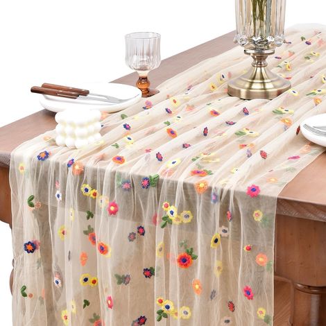Ccykx Tischläufer Mit Gänseblümchenstickerei, 72 X 300 Cm, Floraler Tüll-tischläufer, Exquisiter Frühlings-tischläufer Mit Gänseblümchenmuster Für Partys (champagner)
