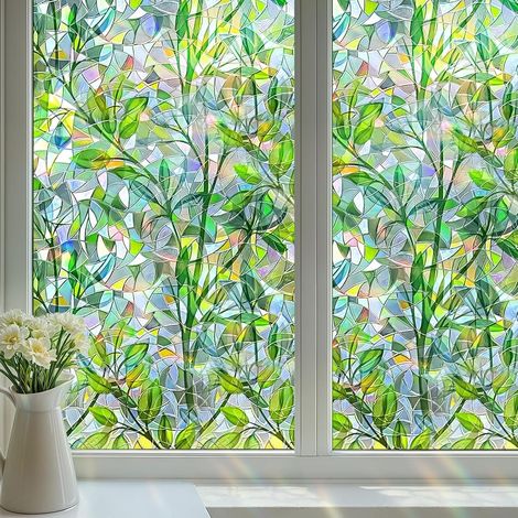 Ccykxafilm Regenbogen-effekt-fensterfolie Mit Grünem Blattmuster, 45 X 200 Cm, Elektrostatische Uv-schutzfolie Für Büros
