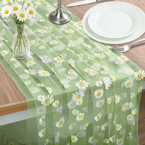 Tischläufer Ccykxa75x300 Cm, Sommergrün, Frühlingsmotiv, Gänseblümchenmuster, Bestickter Tüll Und Spitze