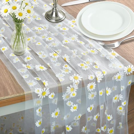 Tischläufer, 75 X 300 Cm, Sommer- Und Frühlingstischläufer, Gänseblümchenmuster, Bestickter Weißer Tüll Und Spitze