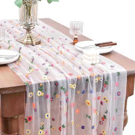 Ccykxa Tischläufer Mit Gänseblümchenstickerei, 72 X 300 Cm, Floraler Tüll-tischläufer, Exquisiter Frühlings-tischläufer Mit Gänseblümchenmuster Für Partys, (weiß)