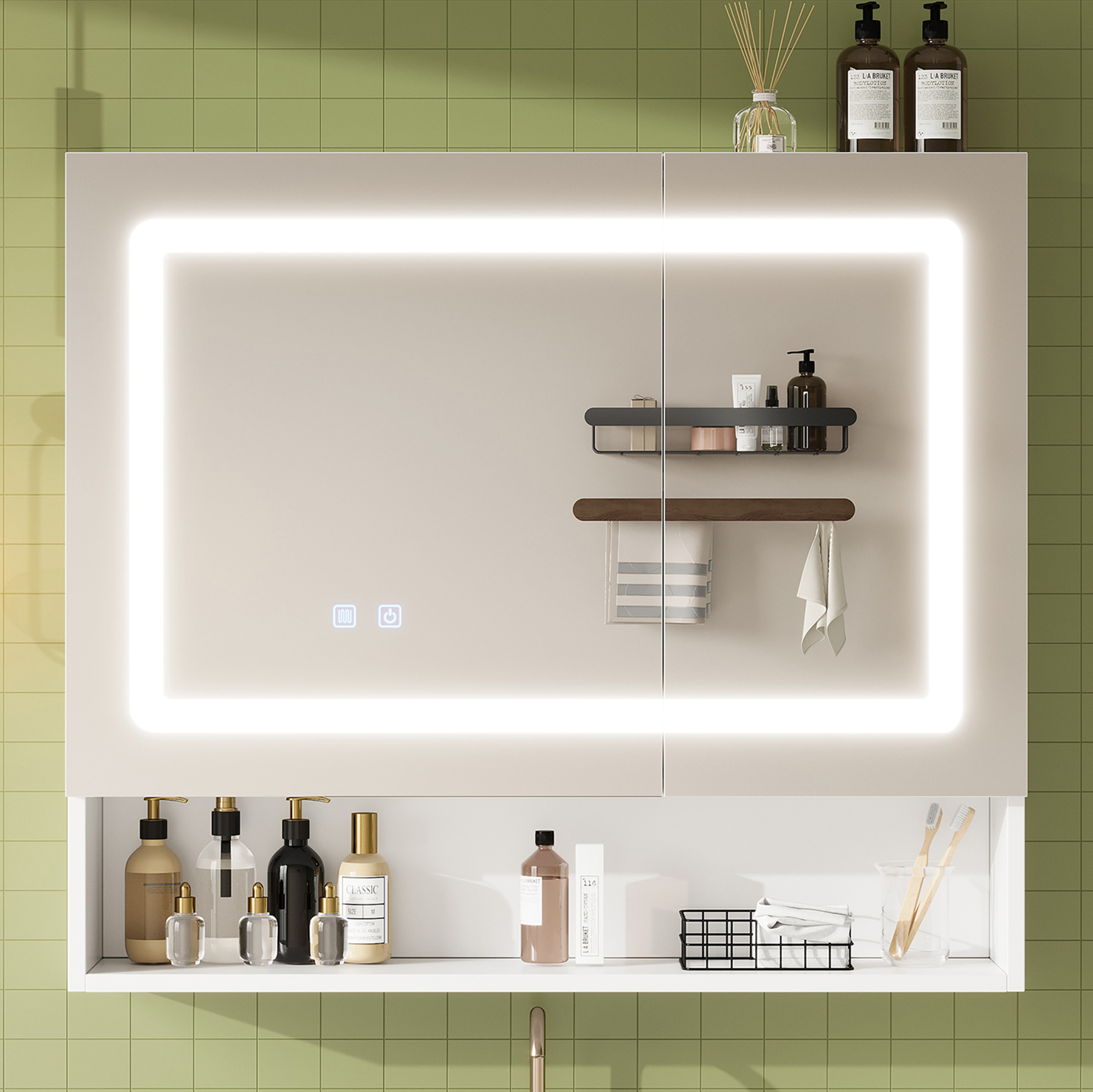 Badezimmer-spiegelschrank 80x17x70 Cm Weiß Aus Mdf Und Glas Mit Led-beleuchtung, Antibeschlag Und Verstellbarem Einlegeboden