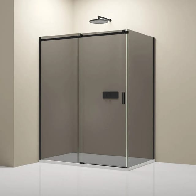 Bernstein Eckdusche mit Schiebetür NT806 FLEX Graues Glas Schwarz Matt 6mm 80cm Seitenwand 80cm Seitenwand 130cm Schiebetür