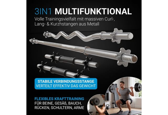 ArtSport Hantelset 3 in 1 mit Kurz- Lang- und Curlhantel und insg. 60kg Gewichtsscheiben