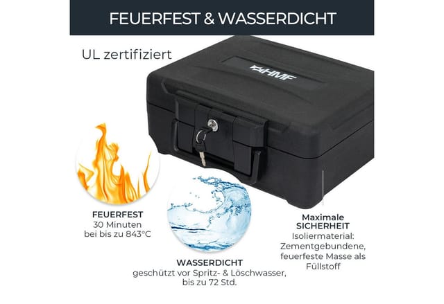 HMF 250423 Feuerfeste Dokumentenbox DIN A4 Wasserdicht Geldkassette Abschließbar 37 x 32 x 16 cm Schwarz