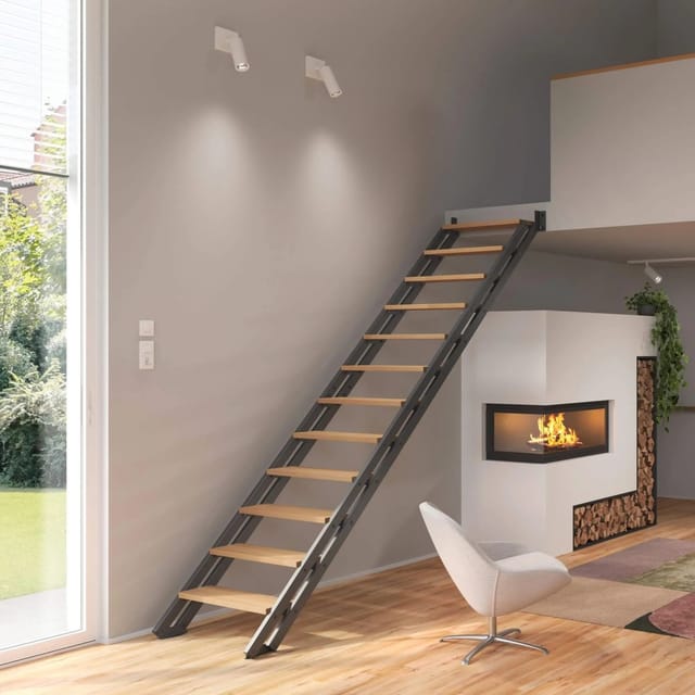Treppen Intercon Raumspartreppe London Stahlwangentreppe Lava-Anthrazit mit Stufenbreite 70 cm Buche Hell Einseitiges Geländer 12 Stufen