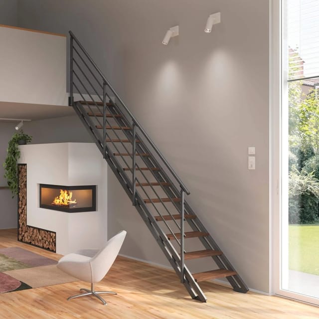 Treppen Intercon Raumspartreppe London Stahlwangentreppe Lava-Anthrazit mit Stufenbreite 50 cm Buche Dunkel Einseitiges Geländer 13 Stufen