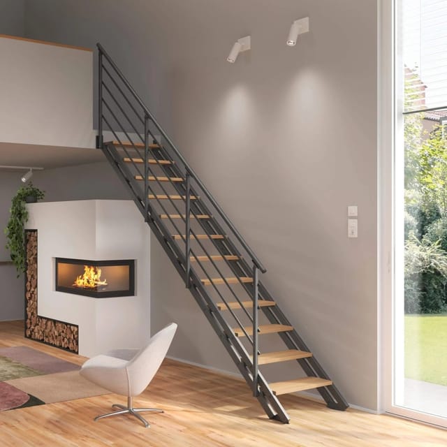 Treppen Intercon Raumspartreppe London Stahlwangentreppe Lava-Anthrazit mit Stufenbreite 50 cm Buche Hell Ohne Geländer 13 Stufen
