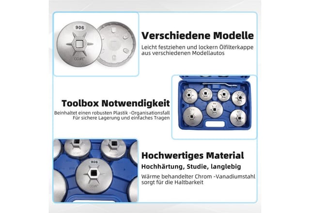 CCLIFE 15tlg Ölfilterkappen Satz aus Alu Druckguss für 65-101mm Filter KFZ Wechselwerkzeug