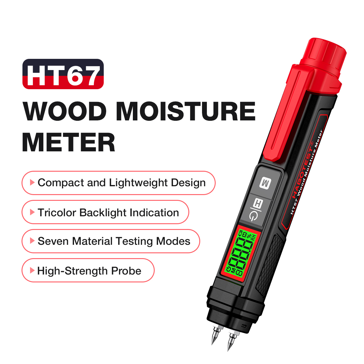 Habotest Ht67 Professionelles Digitales Holzfeuchtemessgerät 2-pin-feuchtigkeitstester 058% Tragbares Stift-holzhygrometer.