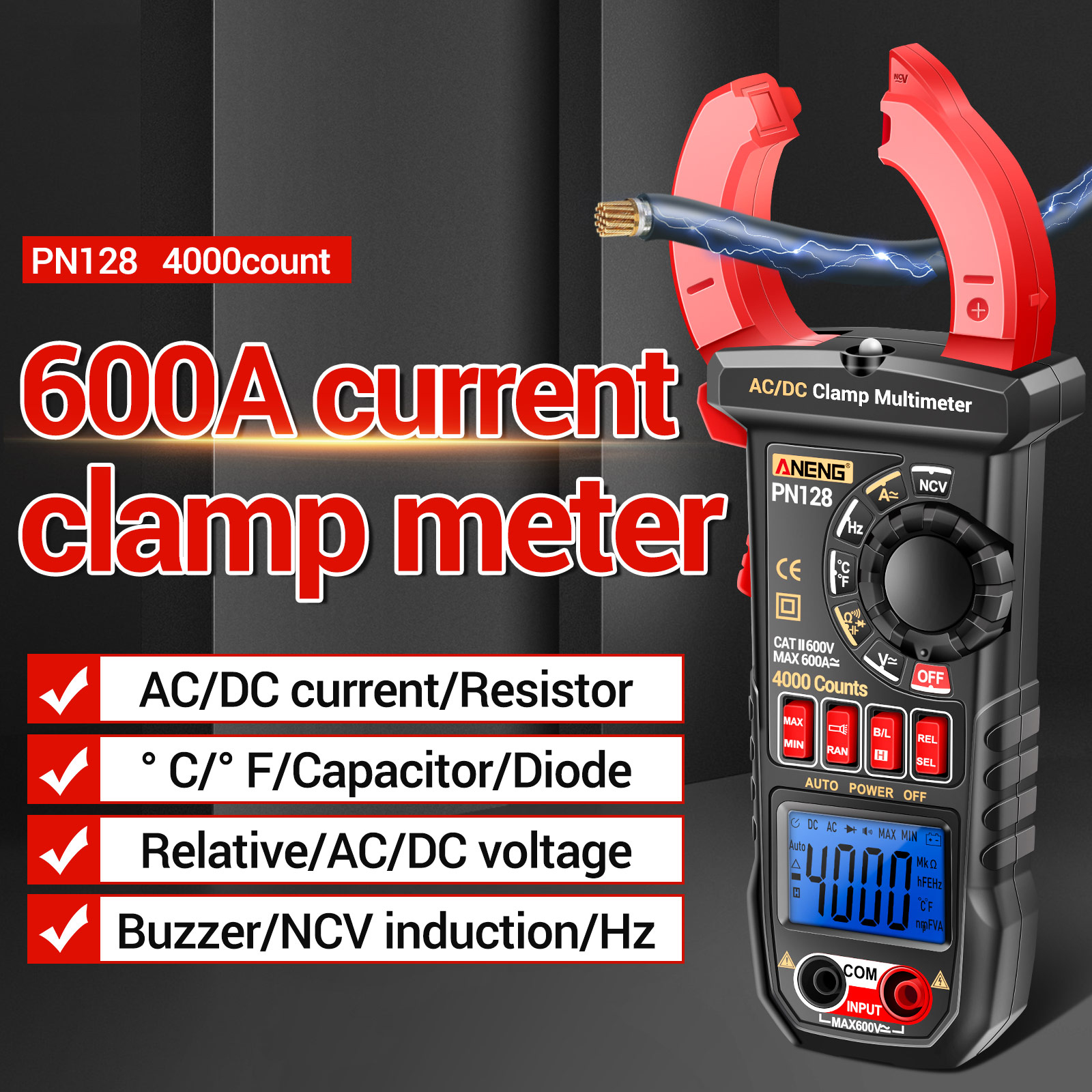 Aneng Pn128 Zangenmultimeter 4000 Counts 600 A Ac/dc Strommesser Amperemeter Voltmeter Elektrischer Tester True Rms Digitalmultimeter Widerstandsmessgerät Kondensator Diode Hz Temperatur.