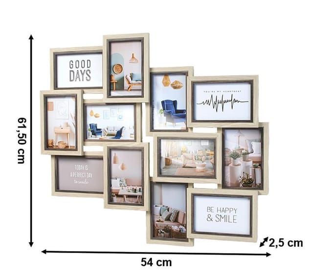Kobolo Mehrfachbilderrahmen AVI Holz Grau Natur 12 Bilder 54x61,50 cm