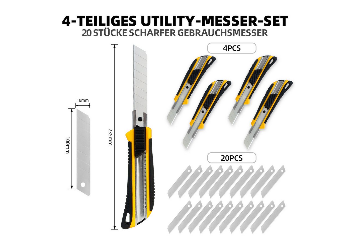 CCLIFE 4 Cuttermesser Set 18mm mit 20 Abbrechklingen Kartonmesser Mehrzweck Teppichmesser mit Sicherheitslock Bild 2