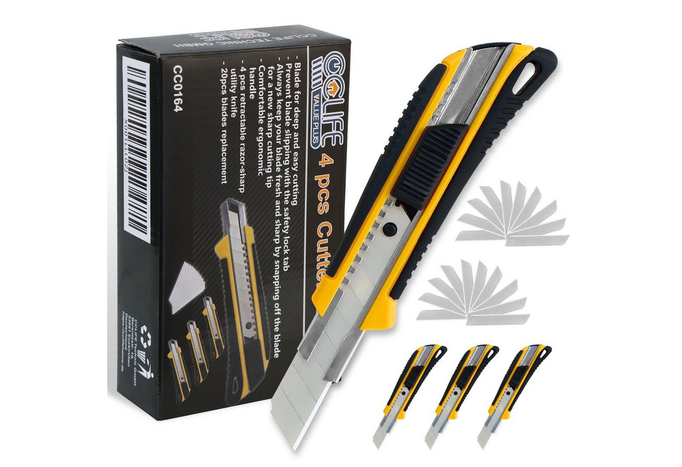 CCLIFE 4 Cuttermesser Set 18mm mit 20 Abbrechklingen Kartonmesser Mehrzweck Teppichmesser mit Sicherheitslock Bild 4