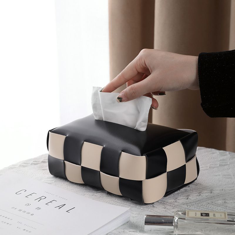 Hochwertige, Kunstvoll Gestaltete Aufbewahrungsbox Aus Gewebtem Leder, Leichtes Und Luxuriöses Design, Schwarz-weiß Kariertes Muster, Ideal Für Auto Und Wohnzimmer, Elegantes Deko-accessoire.