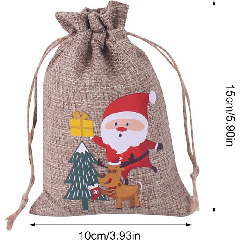 Set Mit 10 Weihnachtlichen Geschenktüten Aus Leinen, Verziert Mit Weihnachtsmannmotiven, Zur Aufbewahrung Von Schmuck, Pralinen Und Süßigkeiten. Ideal Für Kinder Und Perfekt Für Die Weihnachtszeit.