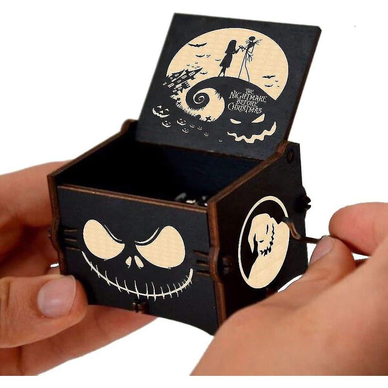 Wunderschön Gravierte Spieluhr Aus Holz Für Halloween, Ein Vintage-spielzeug Mit Handkurbel, Inspiriert Von „nightmare Before Christmas“, Eine Dekorative, Handgefertigte Box Für Sammler.